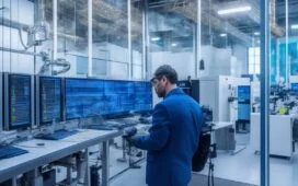 Ein hell erleuchteter, moderner Industriearbeitsplatz, an dem engagierte Fachkräfte vor großen Bildschirmen konzentriert an Cybersicherheitslösungen für vernetzte Produktionsanlagen arbeiten – die warme Tageslichtatmosphäre betont die Bedeutung von Schutz, Vernetzung und technologischem Fortschritt in einem vertrauensvollen Teamumfeld.