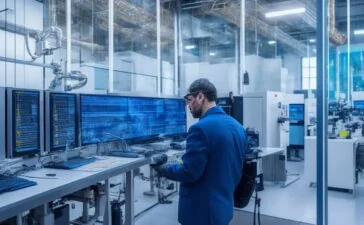 Ein hell erleuchteter, moderner Industriearbeitsplatz, an dem engagierte Fachkräfte vor großen Bildschirmen konzentriert an Cybersicherheitslösungen für vernetzte Produktionsanlagen arbeiten – die warme Tageslichtatmosphäre betont die Bedeutung von Schutz, Vernetzung und technologischem Fortschritt in einem vertrauensvollen Teamumfeld.