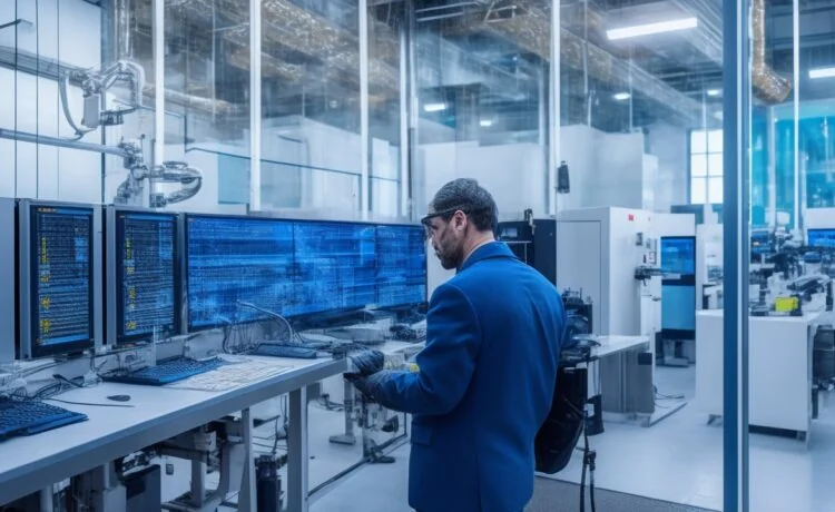 Ein hell erleuchteter, moderner Industriearbeitsplatz, an dem engagierte Fachkräfte vor großen Bildschirmen konzentriert an Cybersicherheitslösungen für vernetzte Produktionsanlagen arbeiten – die warme Tageslichtatmosphäre betont die Bedeutung von Schutz, Vernetzung und technologischem Fortschritt in einem vertrauensvollen Teamumfeld.