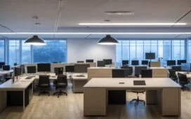 Ein hell erleuchtetes, modernes Büro mit warmem Tageslicht, in dem eine diverse Gruppe von Fachleuten konzentriert und doch entspannt an Laptops und Tablets arbeitet, während im Hintergrund eine große Tafel mit komplexen Daten und Diagrammen eine Atmosphäre intensiver Forschung und technischer Innovation vermittelt.