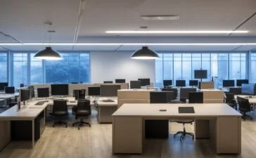 Ein hell erleuchtetes, modernes Büro mit warmem Tageslicht, in dem eine diverse Gruppe von Fachleuten konzentriert und doch entspannt an Laptops und Tablets arbeitet, während im Hintergrund eine große Tafel mit komplexen Daten und Diagrammen eine Atmosphäre intensiver Forschung und technischer Innovation vermittelt.