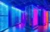 In einem hell erleuchteten, modernen Forschungszentrum strahlen Wissenschaftlerinnen und Wissenschaftler in freundlicher Zusammenarbeit vor einem beeindruckenden, futuristischen Supercomputer mit leichten Reflektionen und warmem Tageslicht, das eine Atmosphäre von Fortschritt, Innovation und europäischem Gemeinschaftsgeist vermittelt.