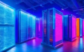 In einem hell erleuchteten, modernen Forschungszentrum strahlen Wissenschaftlerinnen und Wissenschaftler in freundlicher Zusammenarbeit vor einem beeindruckenden, futuristischen Supercomputer mit leichten Reflektionen und warmem Tageslicht, das eine Atmosphäre von Fortschritt, Innovation und europäischem Gemeinschaftsgeist vermittelt.