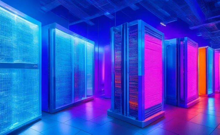 In einem hell erleuchteten, modernen Forschungszentrum strahlen Wissenschaftlerinnen und Wissenschaftler in freundlicher Zusammenarbeit vor einem beeindruckenden, futuristischen Supercomputer mit leichten Reflektionen und warmem Tageslicht, das eine Atmosphäre von Fortschritt, Innovation und europäischem Gemeinschaftsgeist vermittelt.
