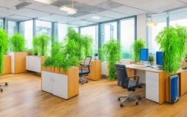 Ein strahlend helles Büro mit natürlichem Tageslicht, wo entspannt lächelnde IT-Expert:innen an modernen Smartphones und Laptops arbeiten, umgeben von warmen Holzmöbeln und Pflanzen, die eine freundliche, vertrauensvolle Atmosphäre im Kampf gegen digitale Bedrohungen schaffen.