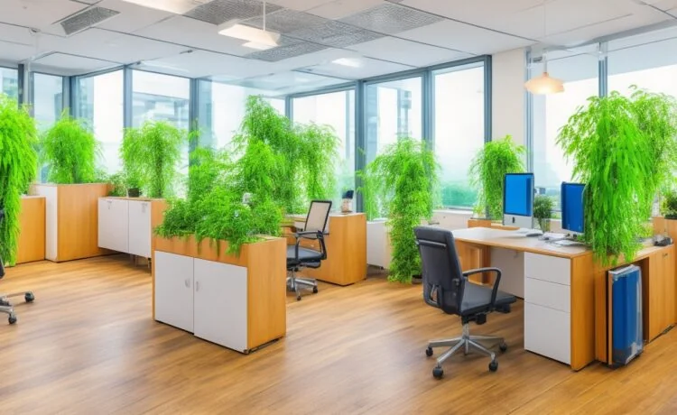 Ein strahlend helles Büro mit natürlichem Tageslicht, wo entspannt lächelnde IT-Expert:innen an modernen Smartphones und Laptops arbeiten, umgeben von warmen Holzmöbeln und Pflanzen, die eine freundliche, vertrauensvolle Atmosphäre im Kampf gegen digitale Bedrohungen schaffen.