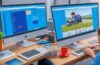 Ein strahlend heller, freundlicher Arbeitsplatz mit einem Laptop, auf dessen Bildschirm bunte, strukturierte Daten und grafische Benutzeroberflächen moderner Webservices zu sehen sind, umgeben von entspannter Atmosphäre, natürlichem Tageslicht und subtilen Details, die Innovation, Vernetzung und digitale Kreativität in der Gaming-Community lebendig vermitteln.