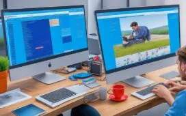 Ein strahlend heller, freundlicher Arbeitsplatz mit einem Laptop, auf dessen Bildschirm bunte, strukturierte Daten und grafische Benutzeroberflächen moderner Webservices zu sehen sind, umgeben von entspannter Atmosphäre, natürlichem Tageslicht und subtilen Details, die Innovation, Vernetzung und digitale Kreativität in der Gaming-Community lebendig vermitteln.