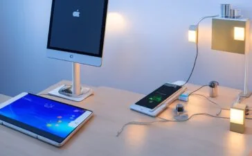 Ein hell erleuchteter, moderner Arbeitsplatz mit einem elegant magnetisch andockenden iPad-Ladegerät am Smart Connector, umgeben von warmem Tageslicht und subtilen Details, die Innovation, Präzision und zukunftsweisende Technologie in einem freundlichen, einladenden Ambiente vermitteln.