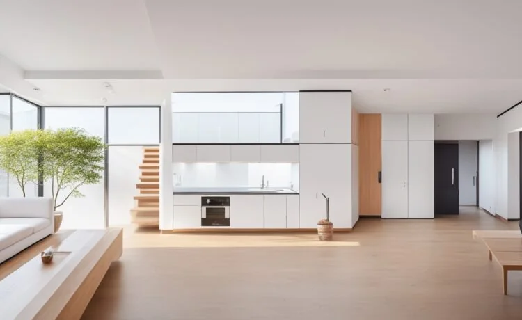 Ein sonnendurchfluteter, minimalistischer Wohnraum im japanischen Stil, der harmonisch smarte Technologie und klares Design vereint, mit warmen Holztönen, dezent integrierten digitalen Steuerflächen und einer einladenden Atmosphäre voller Ruhe und Funktionalität.