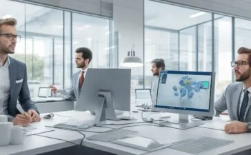 Ein heller, natürlicher Porträtmoment in einem modernen Büro, in dem ein inspirierter Investor mit freundlichem Lächeln konzentriert auf ein transparentes 3D-Modell eines Gehirns und vernetzter Technologien blickt, umgeben von warmem Tageslicht und lebendigem Hightech-Equipment, das die dynamische Zukunft der Neurotechnologie und die aufstrebende Welt der Gehirn-Computer-Schnittstellen symbolisiert.