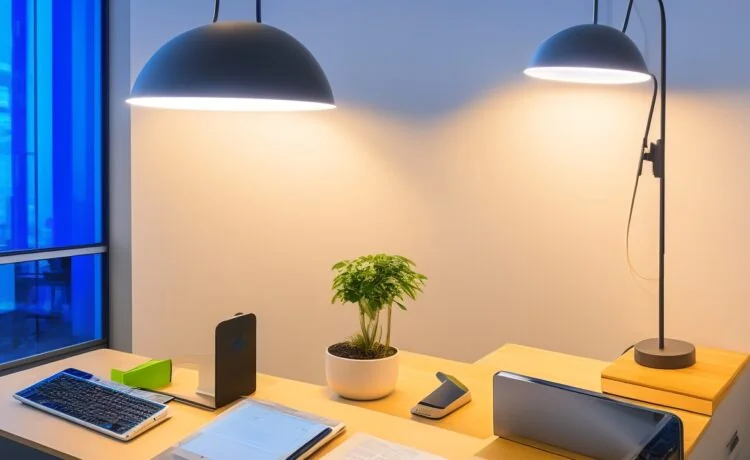 Ein strahlendes, natürlich beleuchtetes Büro mit einem lächelnden Entwickler vor einem modernen iPhone, das lebendig das neue, dynamische iOS-26-Interface zeigt, umgeben von dezent eingesetzter, warmer Raumbeleuchtung und subtilen technologischen Details, die Innovation und Benutzerfreundlichkeit ausstrahlen.