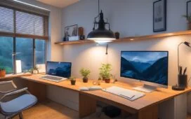 Ein hell erleuchtetes, modernes Home-Office mit natürlichem Tageslicht, in dem eine junge Kreative konzentriert an einem Laptop arbeitet, umgeben von minimalistischer Studioausrüstung und warmen Holztönen, die die Verbindung von traditioneller Medienproduktion und innovativer KI-Technologie einladend und lebendig spiegeln.