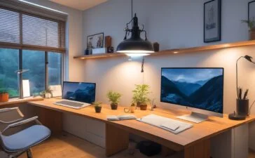 Ein hell erleuchtetes, modernes Home-Office mit natürlichem Tageslicht, in dem eine junge Kreative konzentriert an einem Laptop arbeitet, umgeben von minimalistischer Studioausrüstung und warmen Holztönen, die die Verbindung von traditioneller Medienproduktion und innovativer KI-Technologie einladend und lebendig spiegeln.