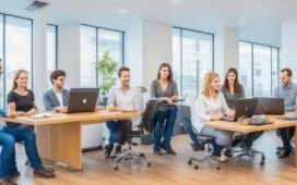 Ein sonnendurchflutetes, modernes Entwicklerbüro mit einem freundlichen Team, das konzentriert und engagiert an Laptops arbeitet, umgeben von Kabeln, Bildschirmen mit Codeanzeigen und warmen Holzmöbeln, das die kontroverse Debatte um KI-generierten Quellcode in der Open-Source-Community lebendig und einladend widerspiegelt.