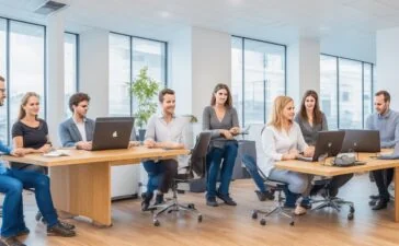 Ein sonnendurchflutetes, modernes Entwicklerbüro mit einem freundlichen Team, das konzentriert und engagiert an Laptops arbeitet, umgeben von Kabeln, Bildschirmen mit Codeanzeigen und warmen Holzmöbeln, das die kontroverse Debatte um KI-generierten Quellcode in der Open-Source-Community lebendig und einladend widerspiegelt.