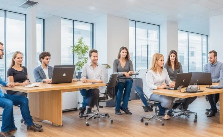 Ein sonnendurchflutetes, modernes Entwicklerbüro mit einem freundlichen Team, das konzentriert und engagiert an Laptops arbeitet, umgeben von Kabeln, Bildschirmen mit Codeanzeigen und warmen Holzmöbeln, das die kontroverse Debatte um KI-generierten Quellcode in der Open-Source-Community lebendig und einladend widerspiegelt.