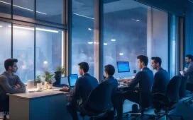 Ein freundliches, hell ausgeleuchtetes Szenario in einem modernen Entwicklerbüro zeigt ein junges, engagiertes Team bei der Arbeit an einem Laptop, während durch ein großes Fenster warmes Tageslicht hereinströmt und eine Atmosphäre von Verantwortung, Innovation und fürsorglichem Schutz für Jugendliche ausstrahlt.