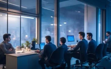 Ein freundliches, hell ausgeleuchtetes Szenario in einem modernen Entwicklerbüro zeigt ein junges, engagiertes Team bei der Arbeit an einem Laptop, während durch ein großes Fenster warmes Tageslicht hereinströmt und eine Atmosphäre von Verantwortung, Innovation und fürsorglichem Schutz für Jugendliche ausstrahlt.