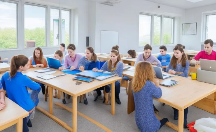 Ein lichtdurchflutetes Klassenzimmer mit aufmerksam lächelnden Schüler:innen und einer einfühlsamen Lehrerin, die mit digitalen Tablets und Laptops arbeitet, umgeben von moderner Technik und natürlichen Holzmöbeln, strahlt eine freundliche und inspirierende Lernatmosphäre voller Wärme und Fortschritt aus.