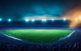 Ein hell erleuchtetes Fußballstadion bei Tageslicht, in dem ein menschlicher Schiedsrichter konzentriert und empathisch das Spiel leitet, während Spieler und Zuschauer mit emotionaler Spannung und lebendiger Dynamik das spannende Duell verfolgen – ein fesselnder Moment, der die Balance zwischen hochmoderner Technologie und menschlicher Intuition im Sport widerspiegelt.