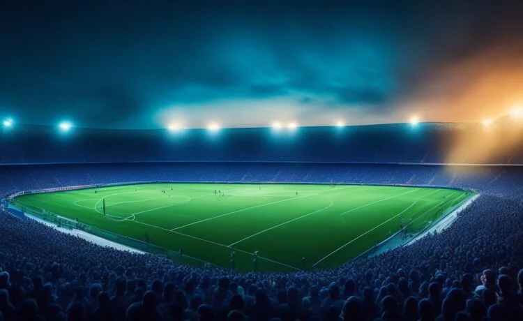 Ein hell erleuchtetes Fußballstadion bei Tageslicht, in dem ein menschlicher Schiedsrichter konzentriert und empathisch das Spiel leitet, während Spieler und Zuschauer mit emotionaler Spannung und lebendiger Dynamik das spannende Duell verfolgen – ein fesselnder Moment, der die Balance zwischen hochmoderner Technologie und menschlicher Intuition im Sport widerspiegelt.