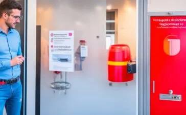 In einem sonnendurchfluteten Kontrollraum moderner Katastrophenprävention beobachten engagierte Fachleute konzentriert auf großen Bildschirmen mit interaktiven Karten und Echtzeit-Datenströmen, während warme Tageslichteinfälle eine Atmosphäre von Hoffnung, Fortschritt und verantwortungsvoller Technologie vermitteln.