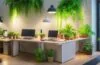 Ein helles, natürlich beleuchtetes Büro mit einem lächelnden, entspannten jungen Menschen vor einem modernen Laptop, umgeben von Pflanzen und technologieinspirierten Details, der konzentriert mit digitalen Assistenten arbeitet und dabei eine warme, einladende Atmosphäre schafft, die Fortschritt und vertraute Nähe verbindet.
