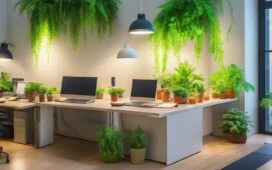 Ein helles, natürlich beleuchtetes Büro mit einem lächelnden, entspannten jungen Menschen vor einem modernen Laptop, umgeben von Pflanzen und technologieinspirierten Details, der konzentriert mit digitalen Assistenten arbeitet und dabei eine warme, einladende Atmosphäre schafft, die Fortschritt und vertraute Nähe verbindet.