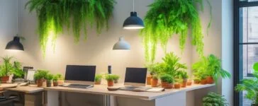 Ein helles, natürlich beleuchtetes Büro mit einem lächelnden, entspannten jungen Menschen vor einem modernen Laptop, umgeben von Pflanzen und technologieinspirierten Details, der konzentriert mit digitalen Assistenten arbeitet und dabei eine warme, einladende Atmosphäre schafft, die Fortschritt und vertraute Nähe verbindet.