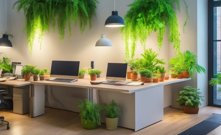 Ein helles, natürlich beleuchtetes Büro mit einem lächelnden, entspannten jungen Menschen vor einem modernen Laptop, umgeben von Pflanzen und technologieinspirierten Details, der konzentriert mit digitalen Assistenten arbeitet und dabei eine warme, einladende Atmosphäre schafft, die Fortschritt und vertraute Nähe verbindet.