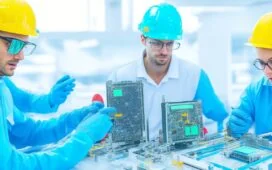 In einem hellen, modern gestalteten Hightech-Labor arbeiten strahlend lächelnde Ingenieur:innen konzentriert an komplexen Halbleiter-Chips, während warme Sonnenstrahlen durch große Fenster fallen und die innovative Fusion von KI und Chipfertigung atmosphärisch einfangen.