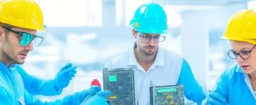 In einem hellen, modern gestalteten Hightech-Labor arbeiten strahlend lächelnde Ingenieur:innen konzentriert an komplexen Halbleiter-Chips, während warme Sonnenstrahlen durch große Fenster fallen und die innovative Fusion von KI und Chipfertigung atmosphärisch einfangen.