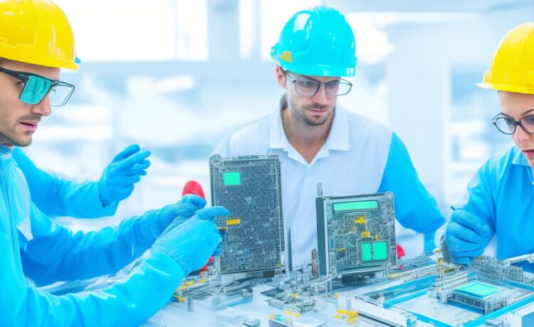 In einem hellen, modern gestalteten Hightech-Labor arbeiten strahlend lächelnde Ingenieur:innen konzentriert an komplexen Halbleiter-Chips, während warme Sonnenstrahlen durch große Fenster fallen und die innovative Fusion von KI und Chipfertigung atmosphärisch einfangen.