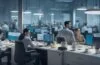 In einem modern eingerichteten Büro strahlt warmes Tageslicht auf eine diverse Gruppe von Fachkräften, die mit konzentrierten, zufriedenen Gesichtsausdrücken an gemeinsamen digitalen Geräten und Notizen arbeiten, während natürliche Farben und realistische Details die positive Verbindung von Mensch und intelligenter Technologie im Wandel der Arbeitswelt einfühlsam illustrieren.
