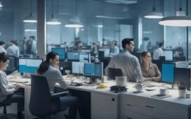 In einem modern eingerichteten Büro strahlt warmes Tageslicht auf eine diverse Gruppe von Fachkräften, die mit konzentrierten, zufriedenen Gesichtsausdrücken an gemeinsamen digitalen Geräten und Notizen arbeiten, während natürliche Farben und realistische Details die positive Verbindung von Mensch und intelligenter Technologie im Wandel der Arbeitswelt einfühlsam illustrieren.