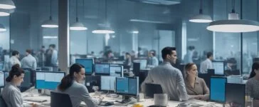 In einem modern eingerichteten Büro strahlt warmes Tageslicht auf eine diverse Gruppe von Fachkräften, die mit konzentrierten, zufriedenen Gesichtsausdrücken an gemeinsamen digitalen Geräten und Notizen arbeiten, während natürliche Farben und realistische Details die positive Verbindung von Mensch und intelligenter Technologie im Wandel der Arbeitswelt einfühlsam illustrieren.