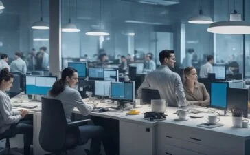 In einem modern eingerichteten Büro strahlt warmes Tageslicht auf eine diverse Gruppe von Fachkräften, die mit konzentrierten, zufriedenen Gesichtsausdrücken an gemeinsamen digitalen Geräten und Notizen arbeiten, während natürliche Farben und realistische Details die positive Verbindung von Mensch und intelligenter Technologie im Wandel der Arbeitswelt einfühlsam illustrieren.