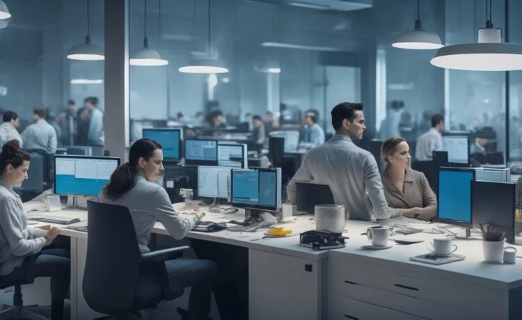 In einem modern eingerichteten Büro strahlt warmes Tageslicht auf eine diverse Gruppe von Fachkräften, die mit konzentrierten, zufriedenen Gesichtsausdrücken an gemeinsamen digitalen Geräten und Notizen arbeiten, während natürliche Farben und realistische Details die positive Verbindung von Mensch und intelligenter Technologie im Wandel der Arbeitswelt einfühlsam illustrieren.
