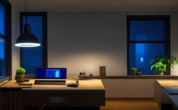 In einem hell erleuchteten, modernen Büro sitzen lächelnde Mitarbeitende eines kleinen Unternehmens entspannt am Laptop und tauschen sich lebhaft über innovative KI-Tools aus, während warmes Tageslicht durch große Fenster fällt und eine einladende, optimistische Arbeitsatmosphäre schafft.