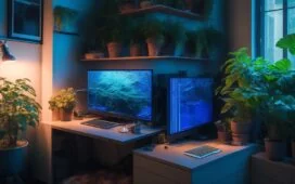 Ein hell erleuchteter, moderner Arbeitsplatz mit einem kompakten Shuttle AI-PC im Fokus, umgeben von kreativen Werkzeugen wie einem Grafiktablet, Notizbuch und frischen Pflanzen, die eine warme, inspirierende Atmosphäre voller Produktivität und Fortschritt ausstrahlt.
