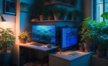 Ein hell erleuchteter, moderner Arbeitsplatz mit einem kompakten Shuttle AI-PC im Fokus, umgeben von kreativen Werkzeugen wie einem Grafiktablet, Notizbuch und frischen Pflanzen, die eine warme, inspirierende Atmosphäre voller Produktivität und Fortschritt ausstrahlt.