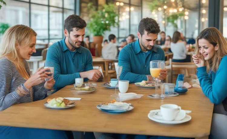 Eine helle, warme Aufnahme eines entspannten jungen Erwachsenen in modernem Café, der mit einem freundlichen Lächeln sein Smartphone sicher und komfortabel kontaktlos an ein stilvolles Bezahlterminal hält, während sanftes Tageslicht durch große Fenster fällt und die Szene eine einladende, vertrauensvolle Atmosphäre ausstrahlt.
