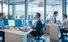 Ein lebendiges, editorial wirkendes Foto in warmem Tageslicht, das einen modernen Softwareentwickler in einem hellen, freundlichen Büro zeigt, der konzentriert vor mehreren Bildschirmen mit komplexen Programmier- und KI-Daten arbeitet, während im Hintergrund eine große Fensterfront weiches Sonnenlicht hereinflutet und eine Atmosphäre von Innovation, technischer Herausforderung und optimistischer Arbeitsplatzdynamik schafft.