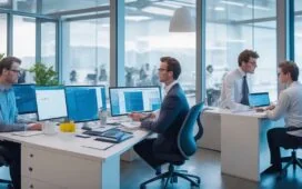 Ein lebendiges, editorial wirkendes Foto in warmem Tageslicht, das einen modernen Softwareentwickler in einem hellen, freundlichen Büro zeigt, der konzentriert vor mehreren Bildschirmen mit komplexen Programmier- und KI-Daten arbeitet, während im Hintergrund eine große Fensterfront weiches Sonnenlicht hereinflutet und eine Atmosphäre von Innovation, technischer Herausforderung und optimistischer Arbeitsplatzdynamik schafft.