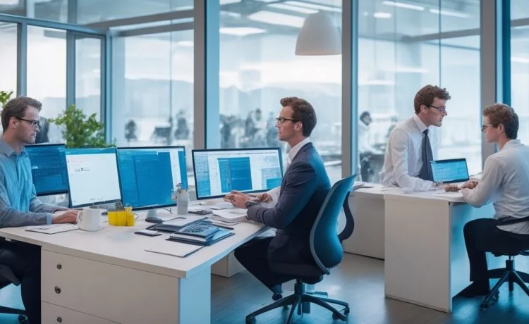 Ein lebendiges, editorial wirkendes Foto in warmem Tageslicht, das einen modernen Softwareentwickler in einem hellen, freundlichen Büro zeigt, der konzentriert vor mehreren Bildschirmen mit komplexen Programmier- und KI-Daten arbeitet, während im Hintergrund eine große Fensterfront weiches Sonnenlicht hereinflutet und eine Atmosphäre von Innovation, technischer Herausforderung und optimistischer Arbeitsplatzdynamik schafft.