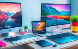 Ein sonnenbeschienener, moderner Arbeitsplatz mit einem aufgeschlagenen Laptop, auf dessen Bildschirm farbenfrohe Webdesign-Layouts zu sehen sind, während eine freundliche, konzentrierte Designerin in entspannter Atmosphäre mit natürlichem Tageslicht kreativ an neuen digitalen Ideen arbeitet.