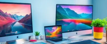 Ein sonnenbeschienener, moderner Arbeitsplatz mit einem aufgeschlagenen Laptop, auf dessen Bildschirm farbenfrohe Webdesign-Layouts zu sehen sind, während eine freundliche, konzentrierte Designerin in entspannter Atmosphäre mit natürlichem Tageslicht kreativ an neuen digitalen Ideen arbeitet.