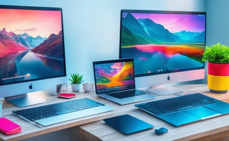 Ein sonnenbeschienener, moderner Arbeitsplatz mit einem aufgeschlagenen Laptop, auf dessen Bildschirm farbenfrohe Webdesign-Layouts zu sehen sind, während eine freundliche, konzentrierte Designerin in entspannter Atmosphäre mit natürlichem Tageslicht kreativ an neuen digitalen Ideen arbeitet.