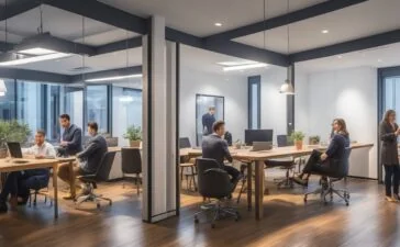 Ein hell ausgeleuchtetes, modernes Startup-Büro mit engagierten jungen Mitarbeitenden in lebendiger Diskussion, warme Sonnenstrahlen durchfluten den Raum und schaffen eine freundliche, hoffnungsvolle Atmosphäre trotz spürbarer Anspannung im Team.